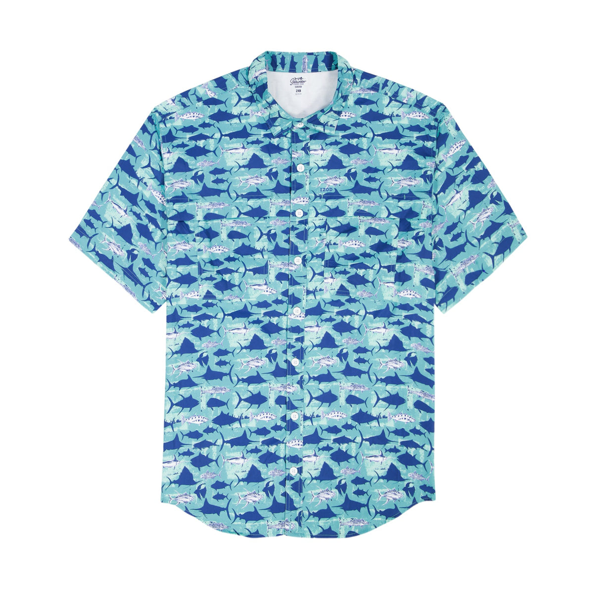 Izod SUNSHIELD PERFORMANCE S/S PRINTED BUTTON-DOWN SHIRT - TEAL