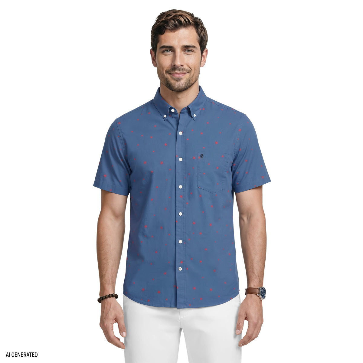Izod BREEZE SHORT SLEEVE PRINTED BUTTON DOWN SHIRT - TRUE NAVY