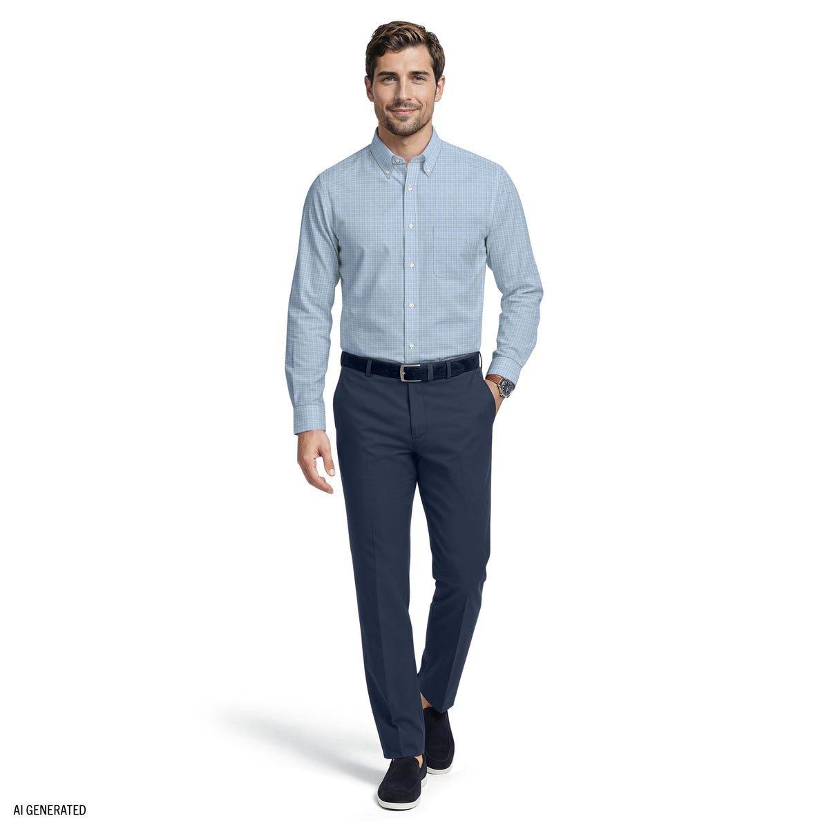 Izod ALL-OVER STRETCH L/S PLAID BUTTON-DOWN DRESS SHIRT - MARINE BLUE