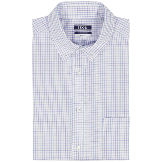 Izod ALL-OVER STRETCH L/S PLAID BUTTON-DOWN DRESS SHIRT - PAGODA BLUE