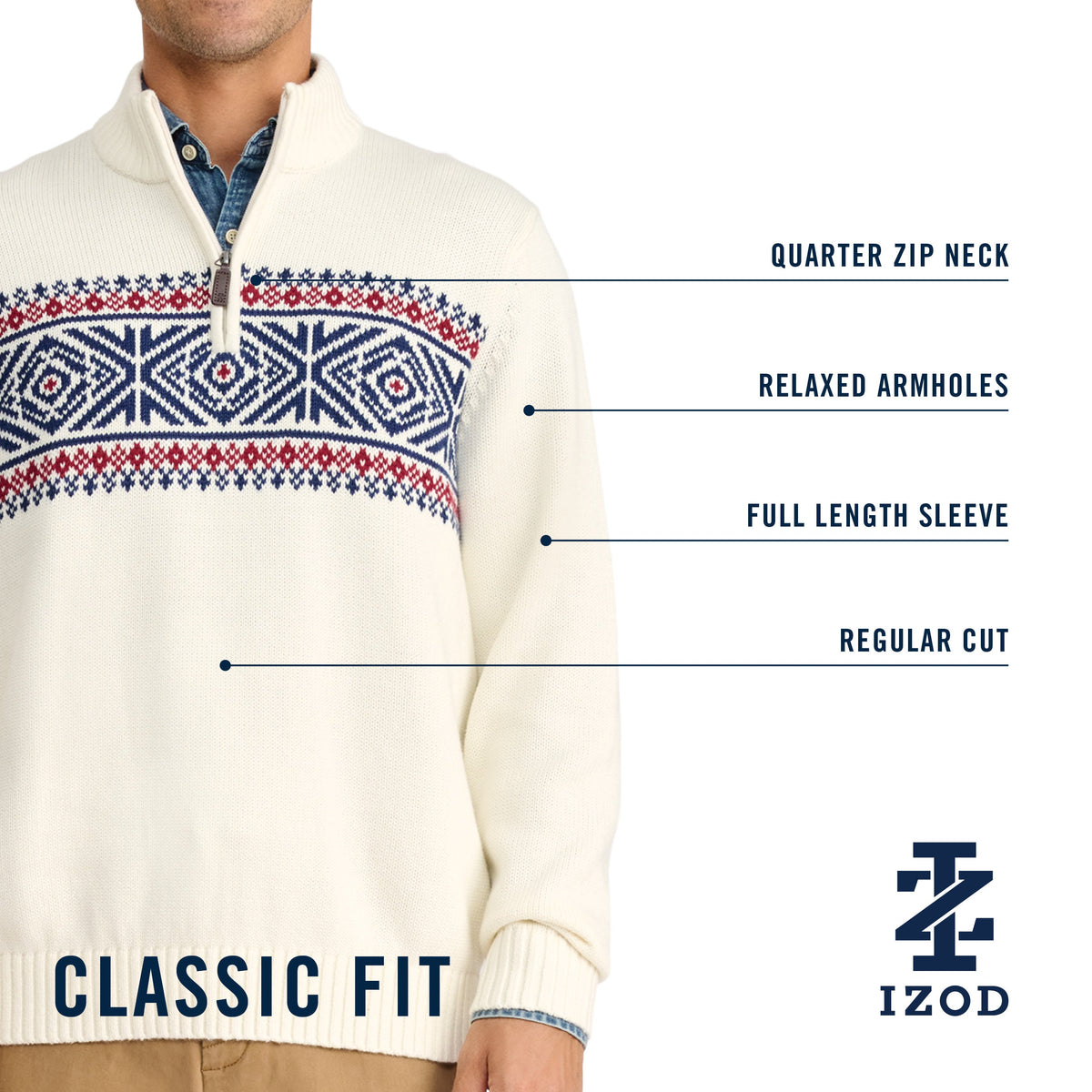 Izod Holiday Fairisle Quarter Zip Sweater - Rain Forest