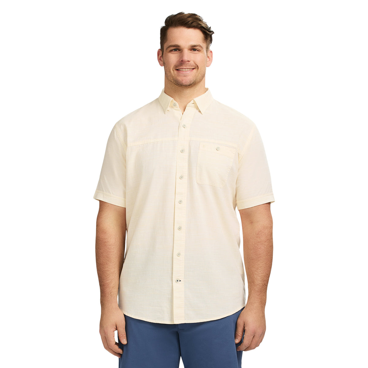 Izod Big & Tall Dockside Solid Chambray Short Sleeve Button Down Shirt - Banana Cream