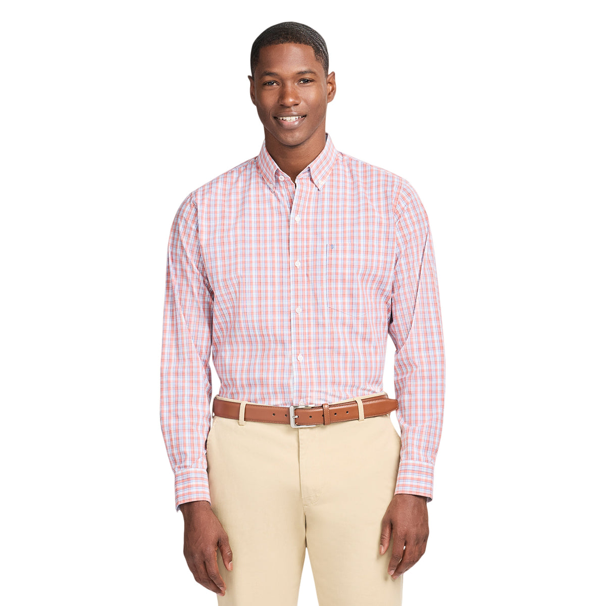 Izod Performance Comfort L/S Plaid Shirt - Coral Rose