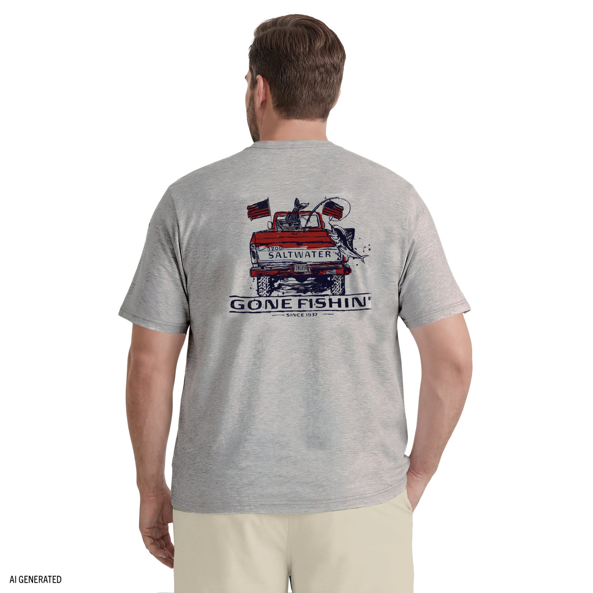 Izod BIG & TALL SALTWATER SHORT SLEEVE GRAPHIC TEE - LT GREY HTHR