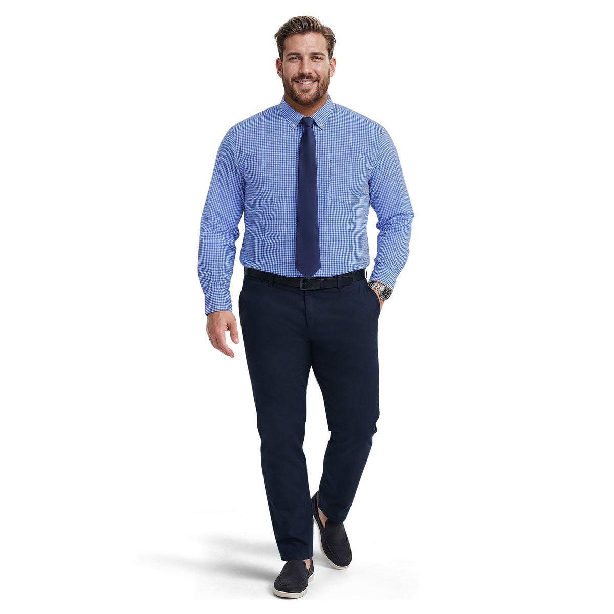 Izod BIG & TALL ALL-OVER STRETCH L/S PLAID BUTTON-DOWN DRESS SHIRT - BLUE B