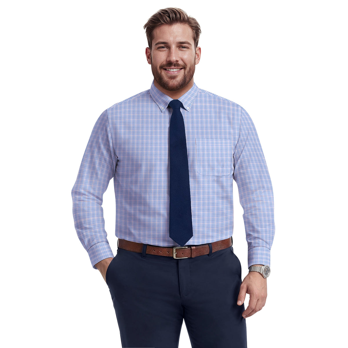 Izod BIG & TALL ALL-OVER STRETCH L/S PLAID BUTTON-DOWN DRESS SHIRT - ULTRAM