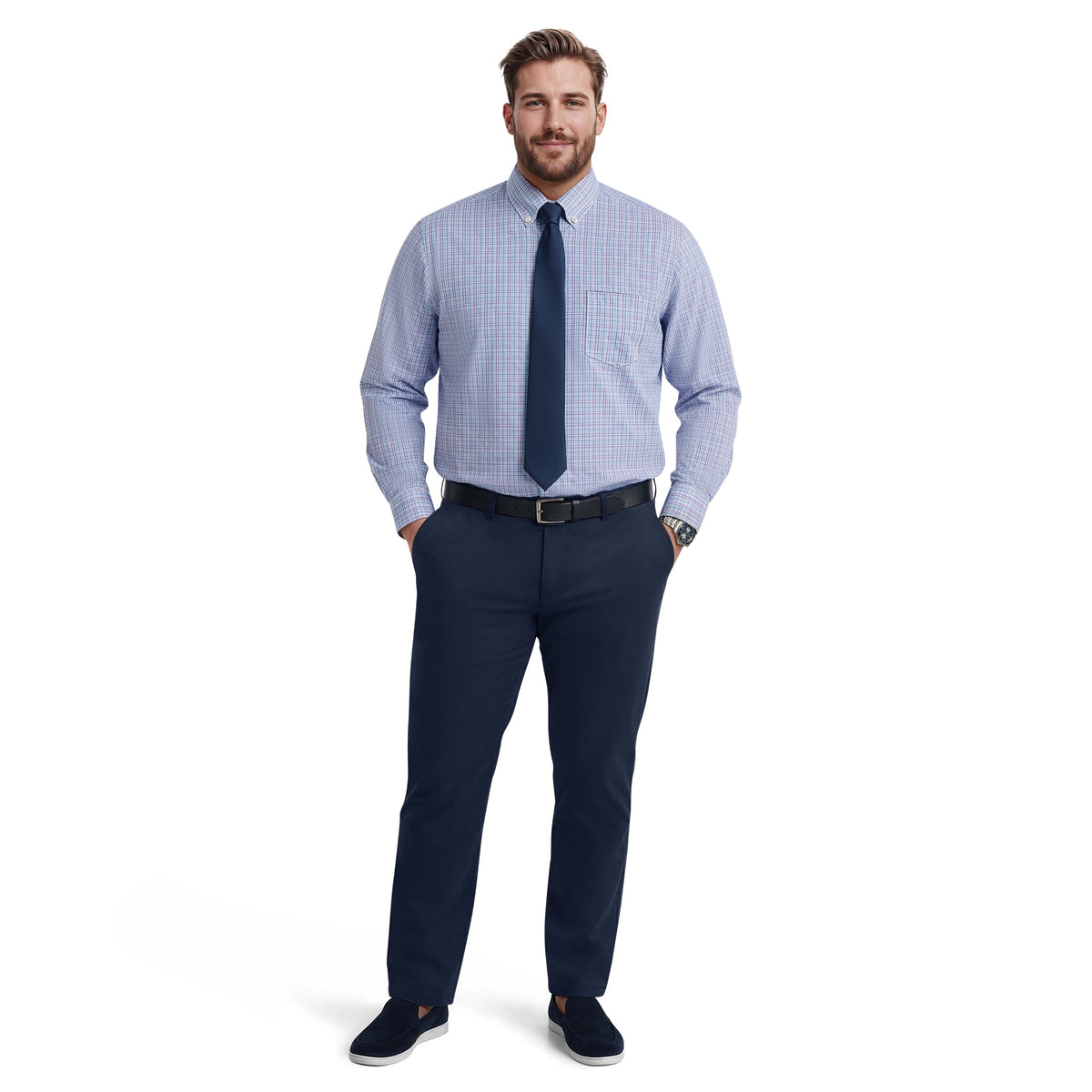 Izod BIG & TALL ALL-OVER STRETCH L/S PLAID BUTTON-DOWN DRESS SHIRT - ULTRAM
